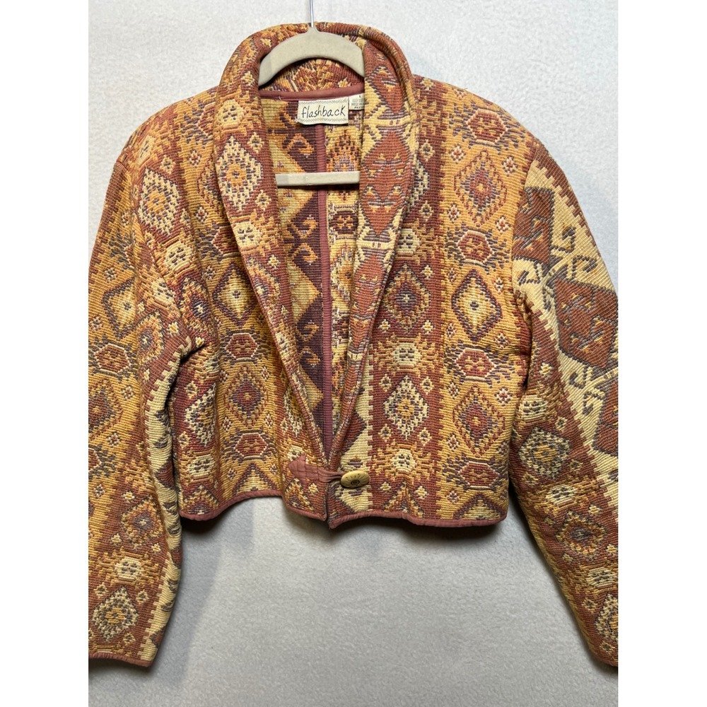 Flashback Vintage Southwestern Tapestry Jacket Cropped Woven Cotton Orange L - Picture 10 of 12